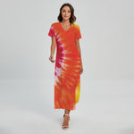 Red Yellow And Orange Tie Dye Print Short Sleeve Maxi Dress
