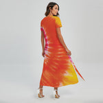 Red Yellow And Orange Tie Dye Print Short Sleeve Maxi Dress