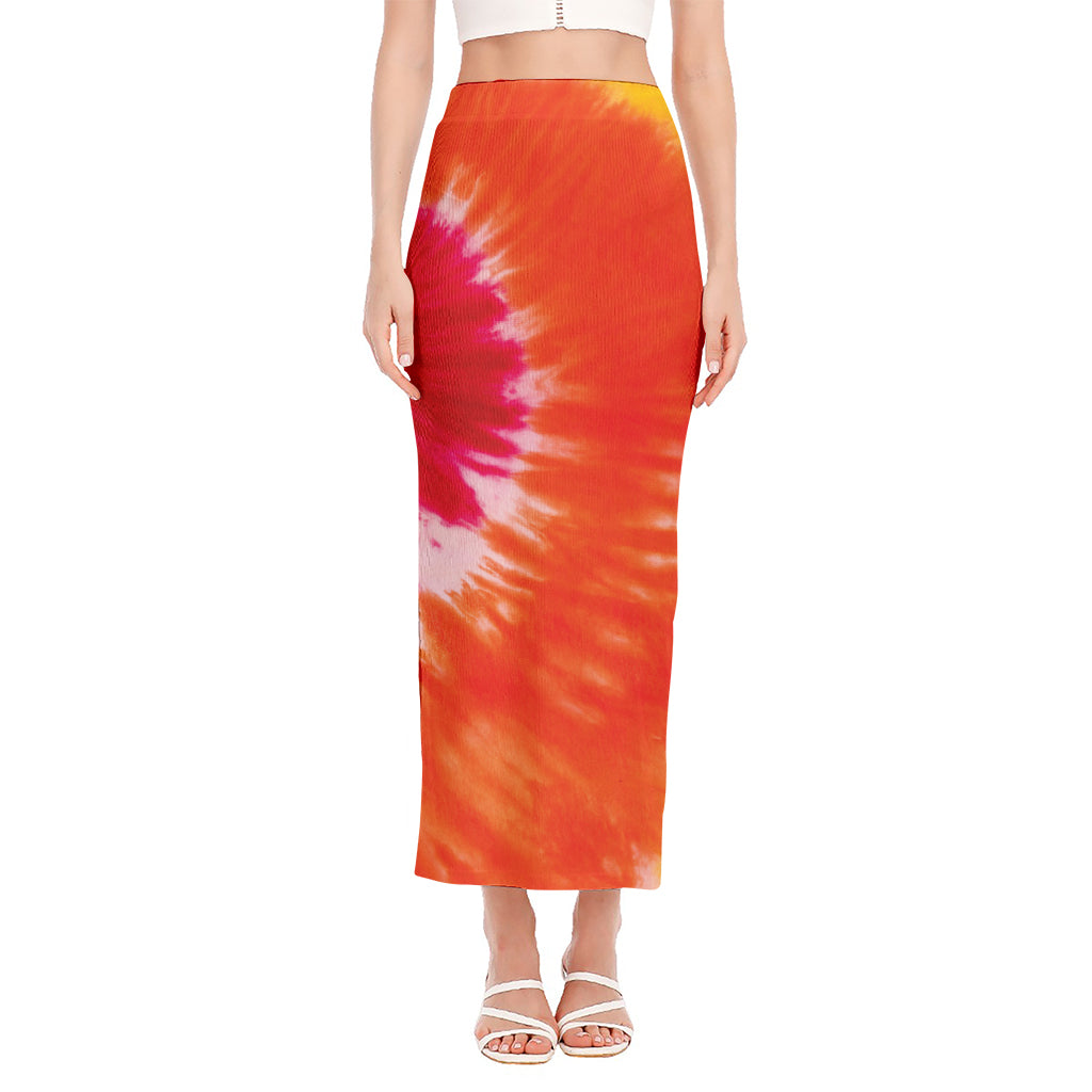 Red Yellow And Orange Tie Dye Print Side Slit Maxi Skirt