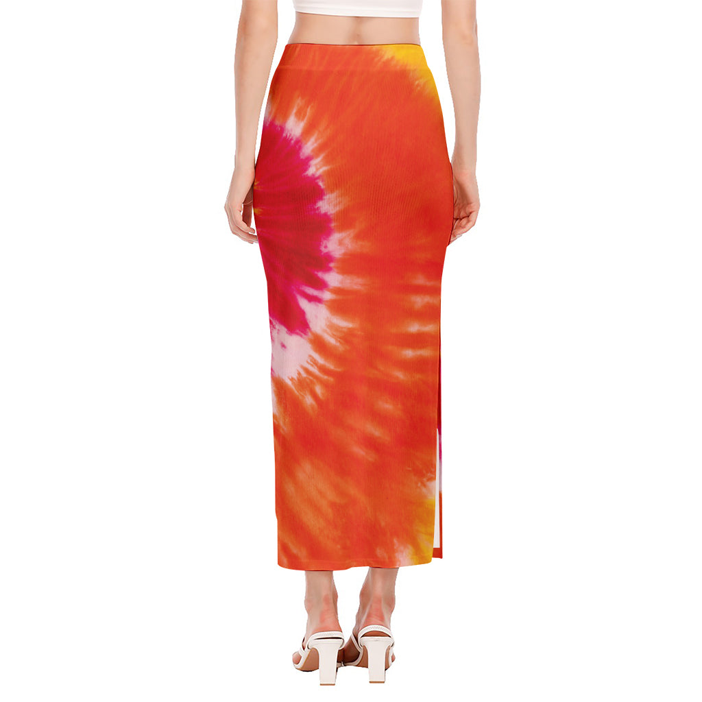 Red Yellow And Orange Tie Dye Print Side Slit Maxi Skirt