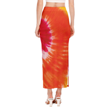 Red Yellow And Orange Tie Dye Print Side Slit Maxi Skirt