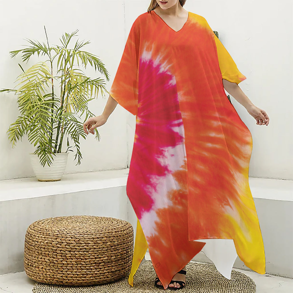 Red Yellow And Orange Tie Dye Print Silk V-Neck Kaftan Dress