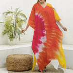 Red Yellow And Orange Tie Dye Print Silk V-Neck Kaftan Dress