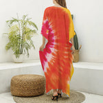 Red Yellow And Orange Tie Dye Print Silk V-Neck Kaftan Dress
