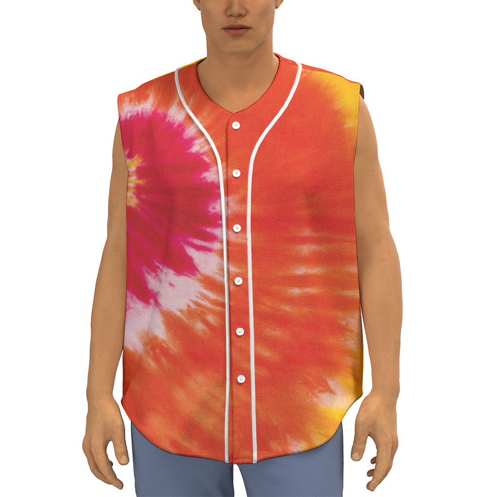 Red Yellow And Orange Tie Dye Print Sleeveless Baseball Jersey