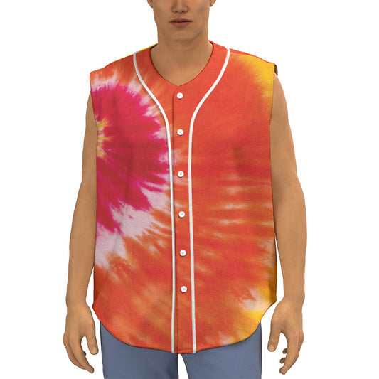 Red Yellow And Orange Tie Dye Print Sleeveless Baseball Jersey