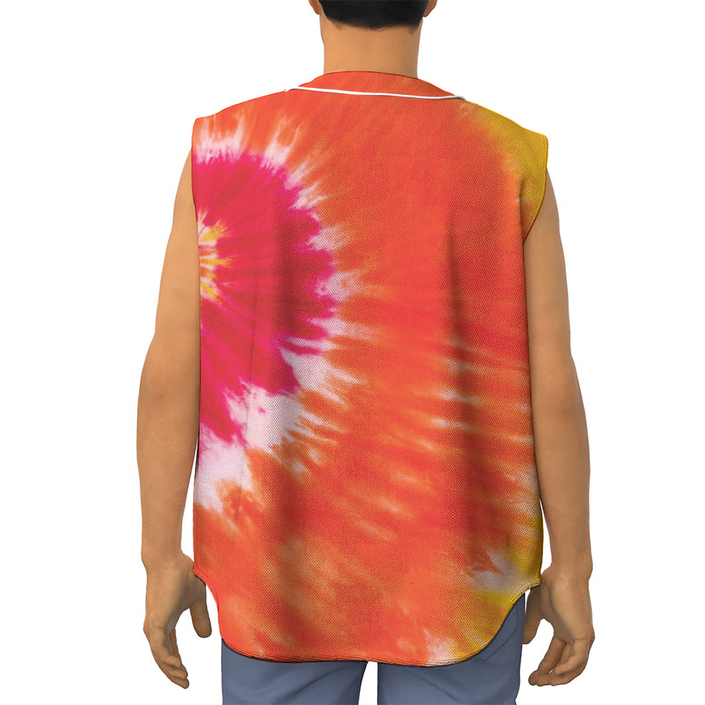 Red Yellow And Orange Tie Dye Print Sleeveless Baseball Jersey