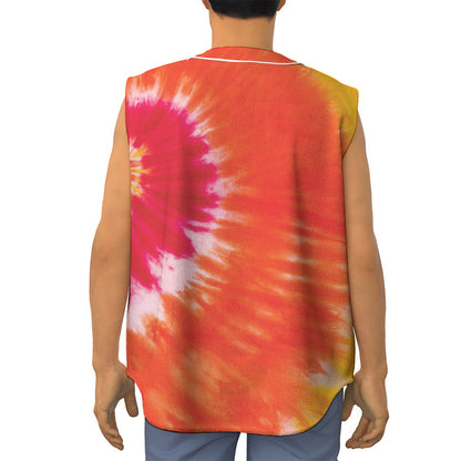 Red Yellow And Orange Tie Dye Print Sleeveless Baseball Jersey