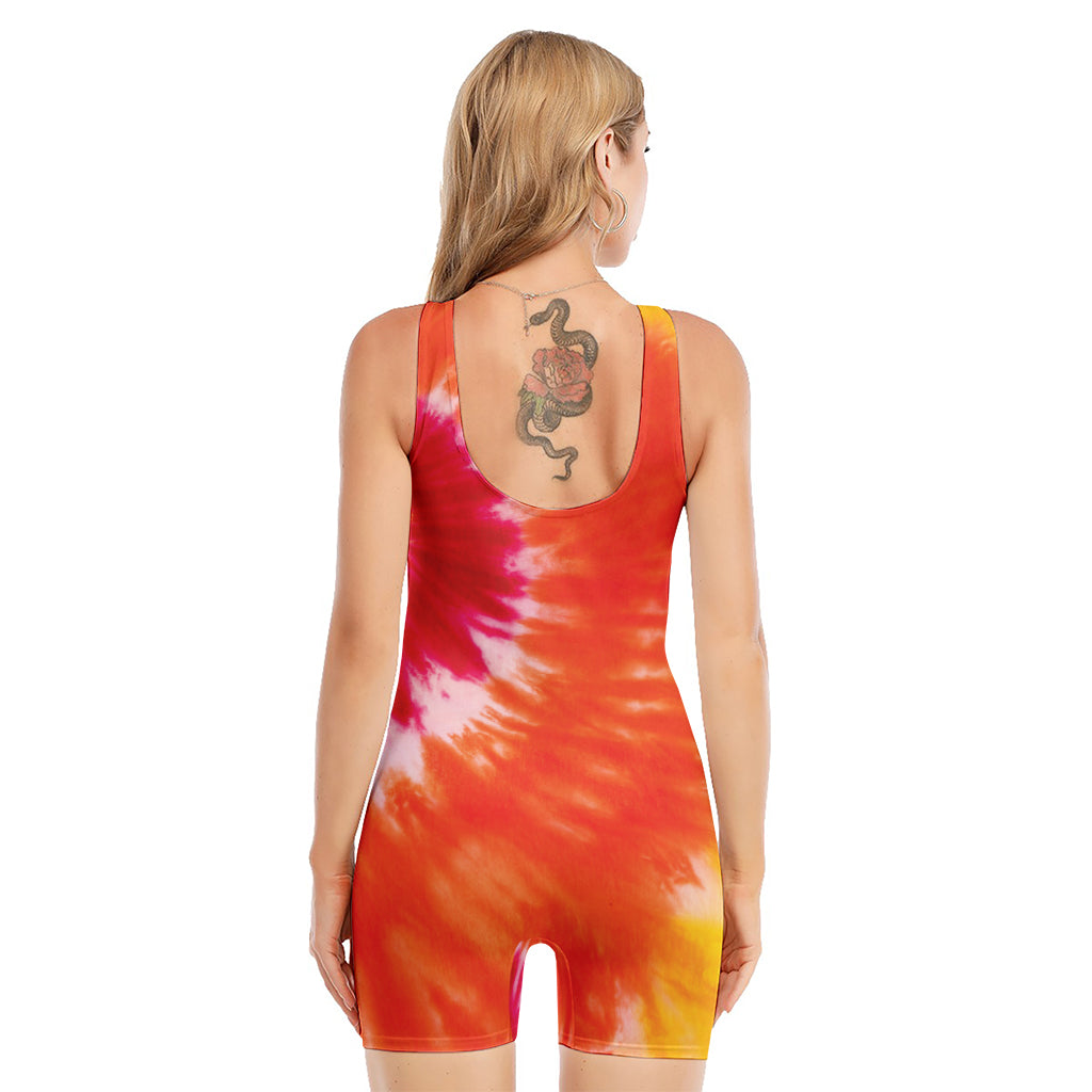 Red Yellow And Orange Tie Dye Print Sleeveless One Piece Swimsuit