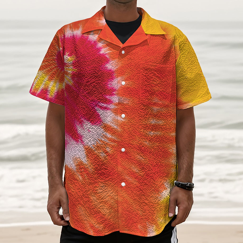 Red Yellow And Orange Tie Dye Print Textured Short Sleeve Shirt