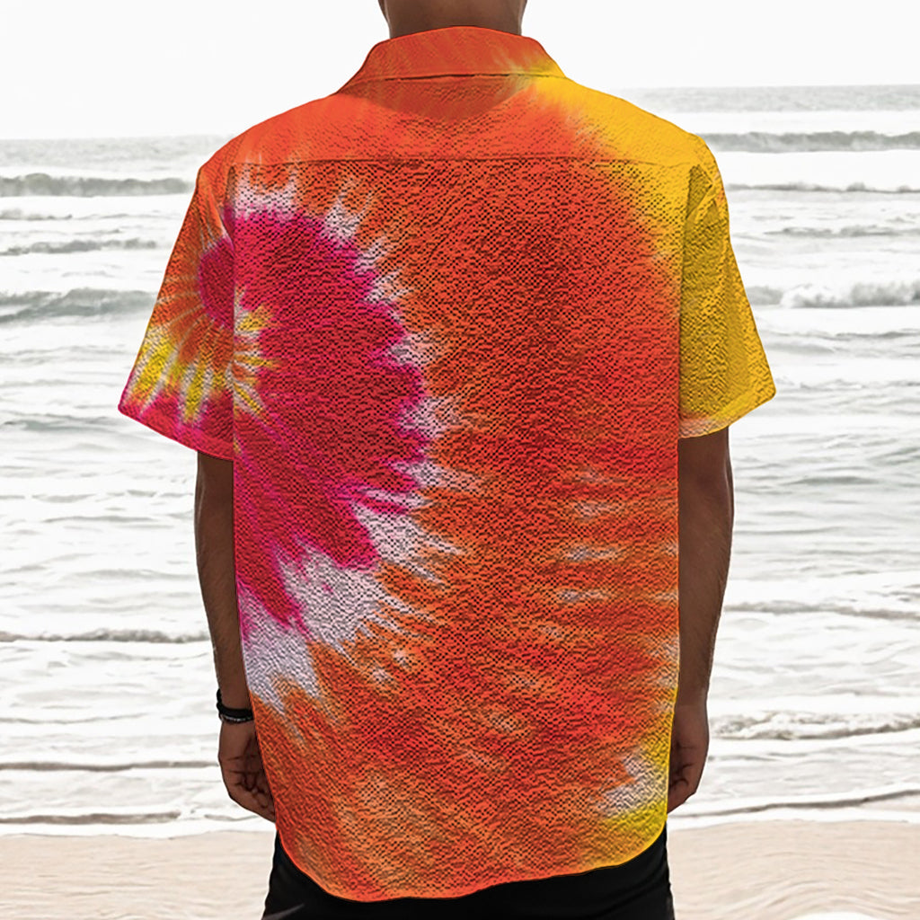 Red Yellow And Orange Tie Dye Print Textured Short Sleeve Shirt