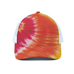 Red Yellow And Orange Tie Dye Print White Mesh Trucker Cap