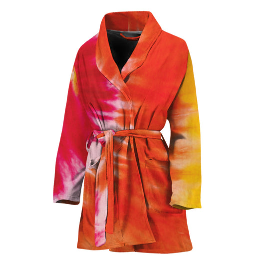 Red Yellow And Orange Tie Dye Print Women's Bathrobe
