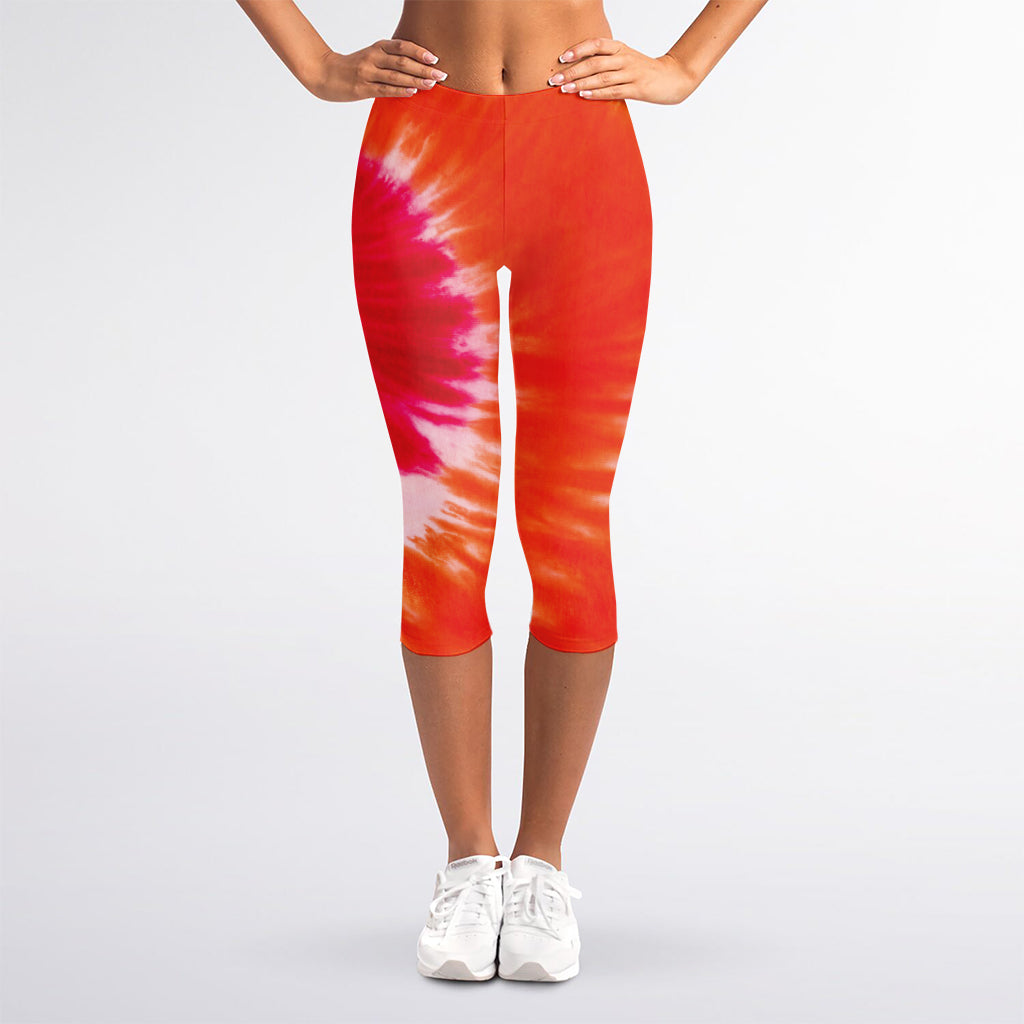 Red Yellow And Orange Tie Dye Print Women's Capri Leggings