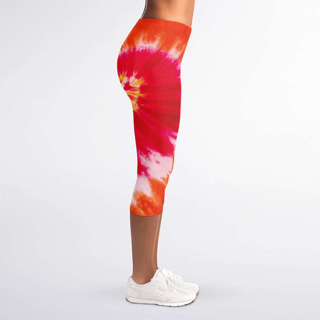 Red Yellow And Orange Tie Dye Print Women's Capri Leggings