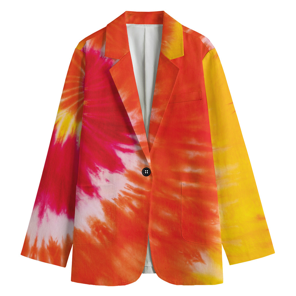 Red Yellow And Orange Tie Dye Print Women's Cotton Blazer