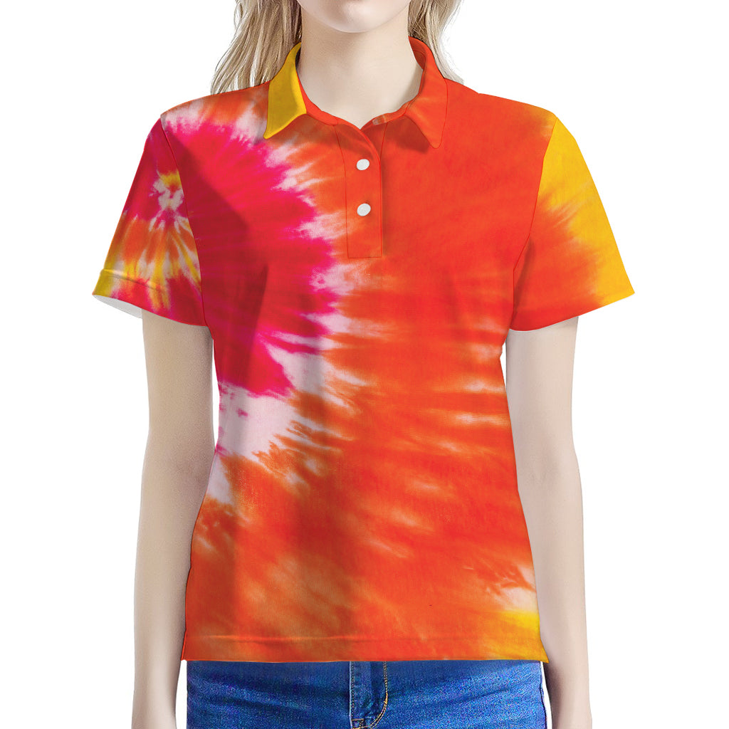 Red Yellow And Orange Tie Dye Print Women's Polo Shirt