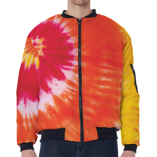Red Yellow And Orange Tie Dye Print Zip Sleeve Bomber Jacket