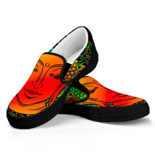 Reggae Buddha Print Black Slip On Sneakers