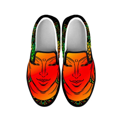 Reggae Buddha Print Black Slip On Sneakers