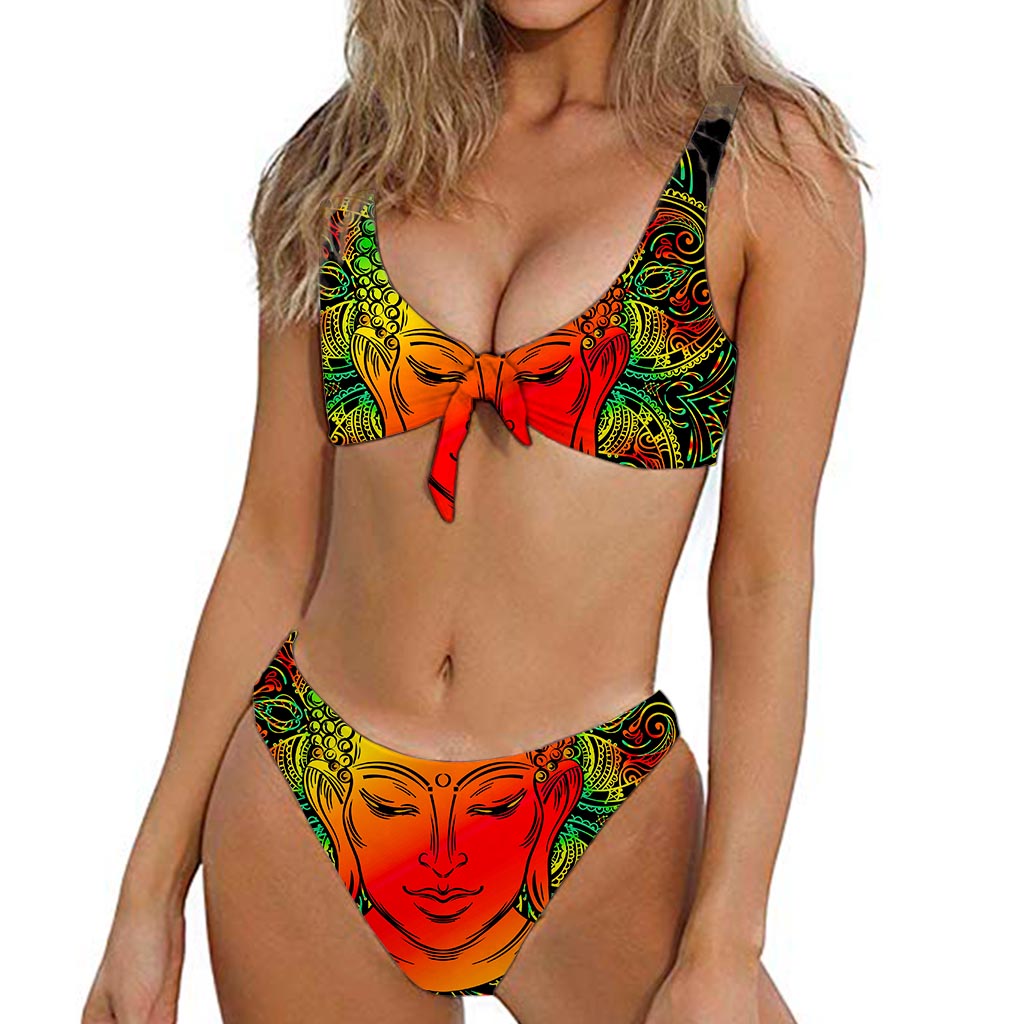 Reggae Buddha Print Front Bow Tie Bikini