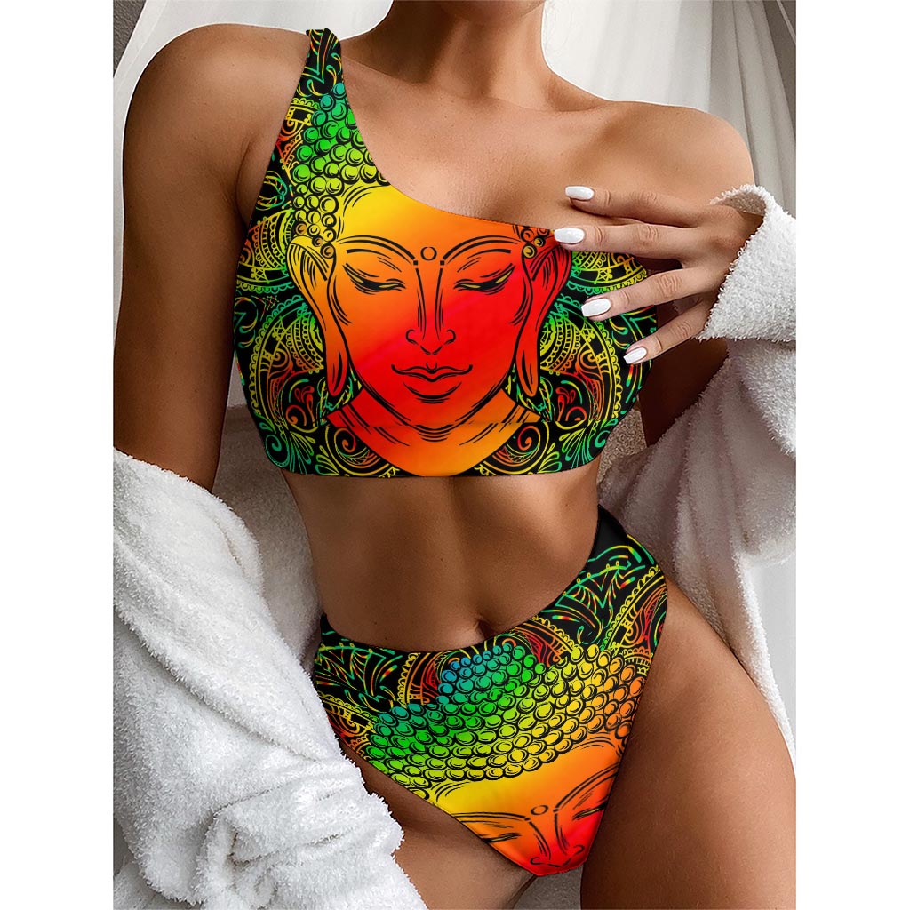 Reggae Buddha Print One Shoulder Bikini Top