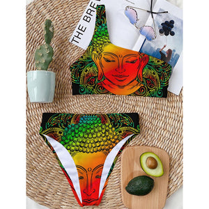 Reggae Buddha Print One Shoulder Bikini Top