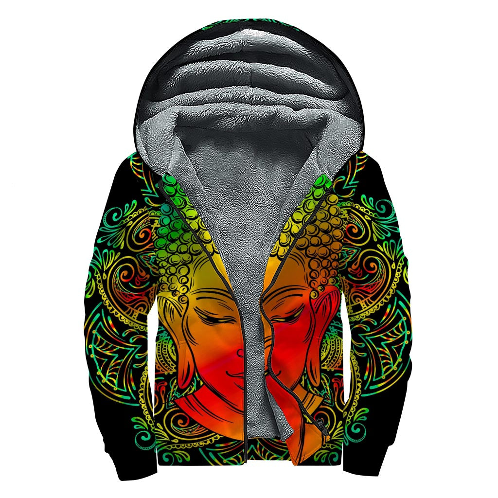 Reggae Buddha Print Sherpa Lined Zip Up Hoodie