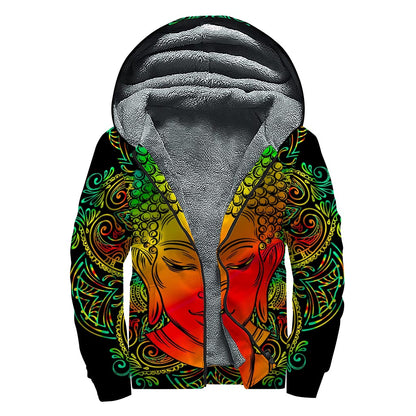 Reggae Buddha Print Sherpa Lined Zip Up Hoodie