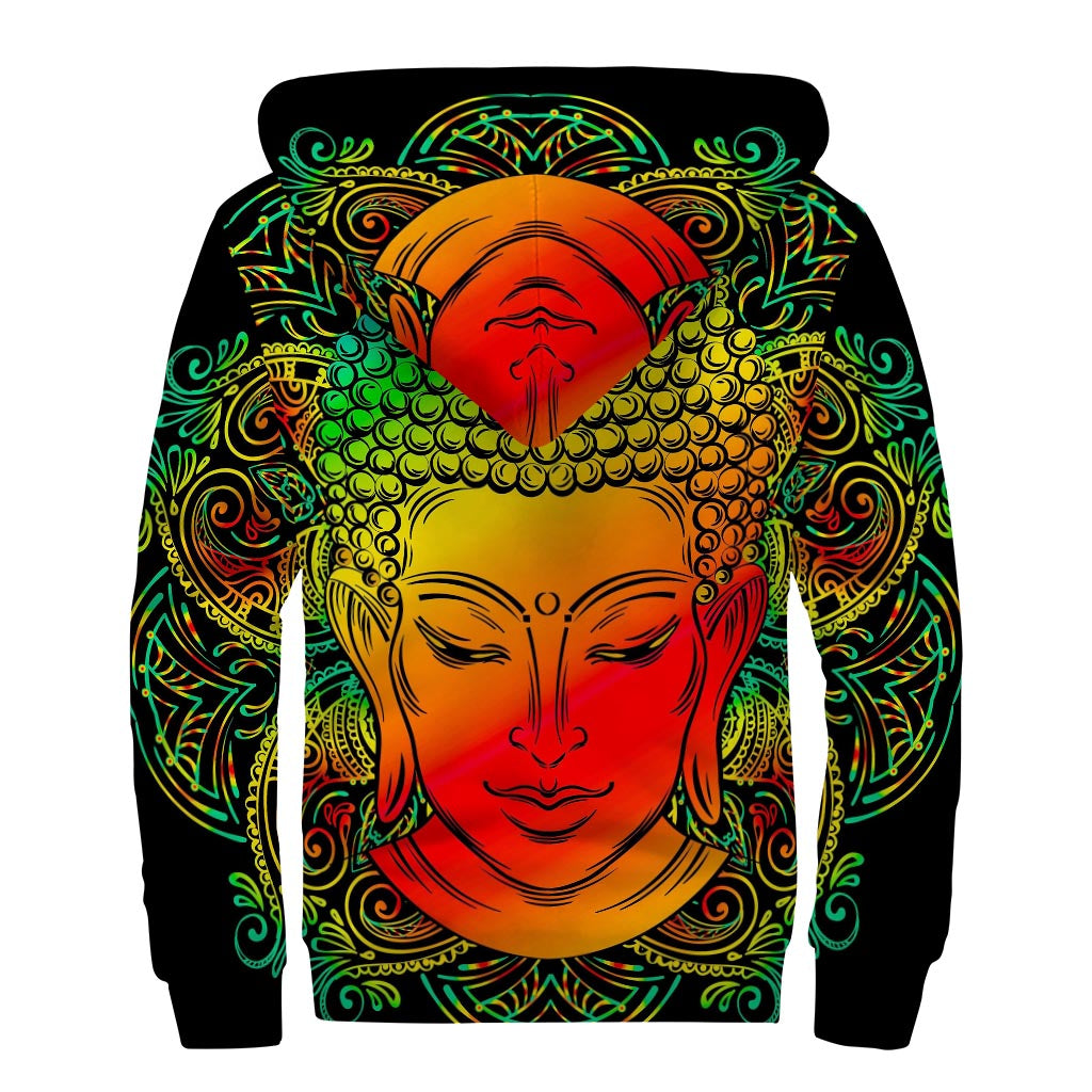 Reggae Buddha Print Sherpa Lined Zip Up Hoodie
