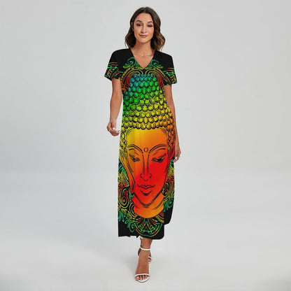 Reggae Buddha Print Short Sleeve Maxi Dress