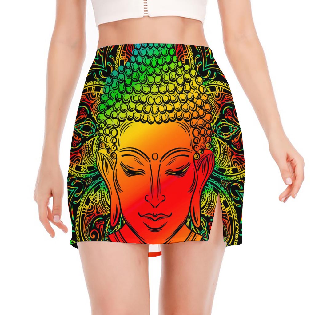 Reggae Buddha Print Side Slit Mini Skirt