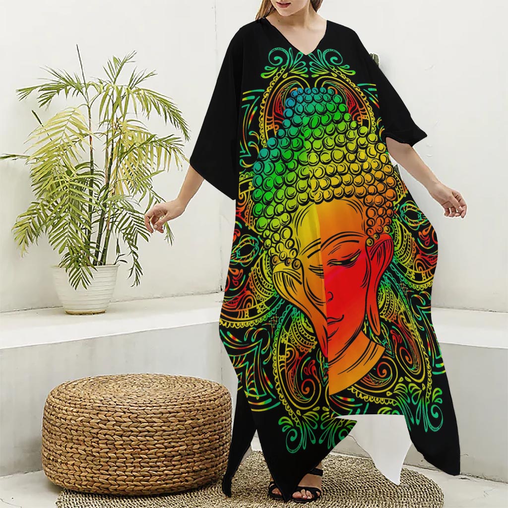 Reggae Buddha Print Silk V-Neck Kaftan Dress