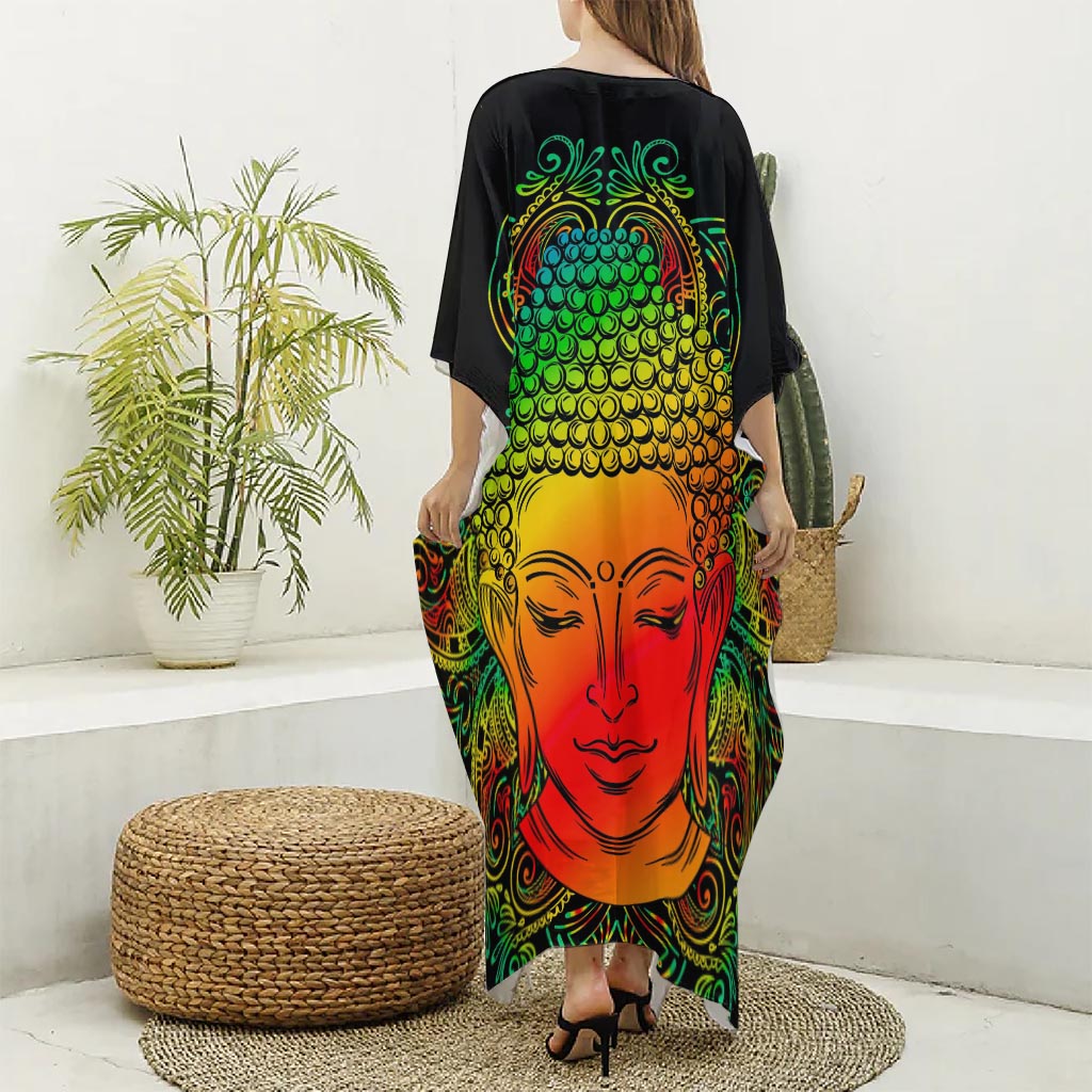 Reggae Buddha Print Silk V-Neck Kaftan Dress