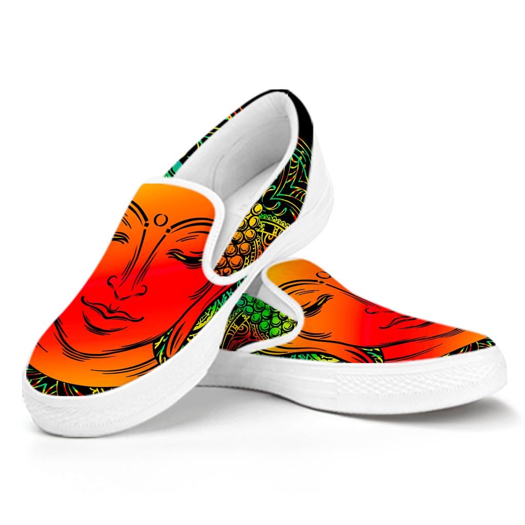 Reggae Buddha Print White Slip On Sneakers