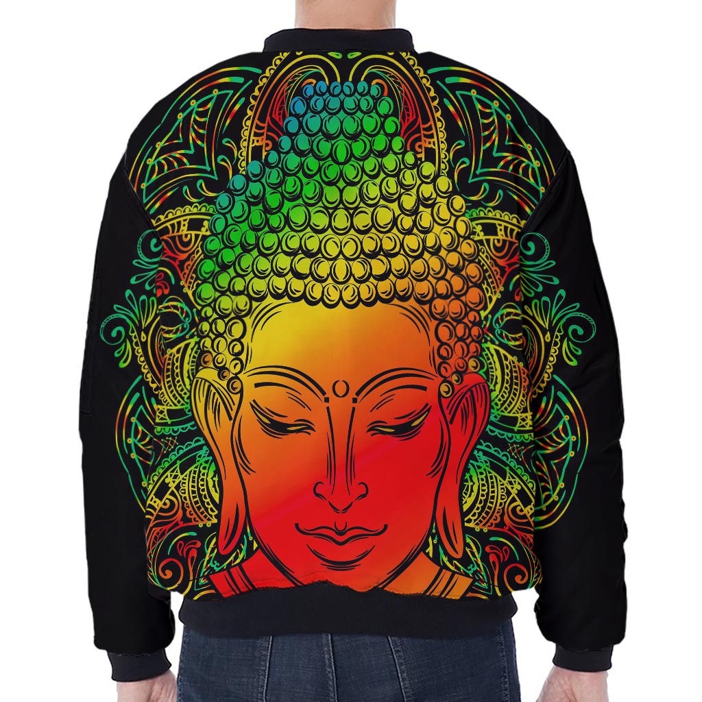 Reggae Buddha Print Zip Sleeve Bomber Jacket