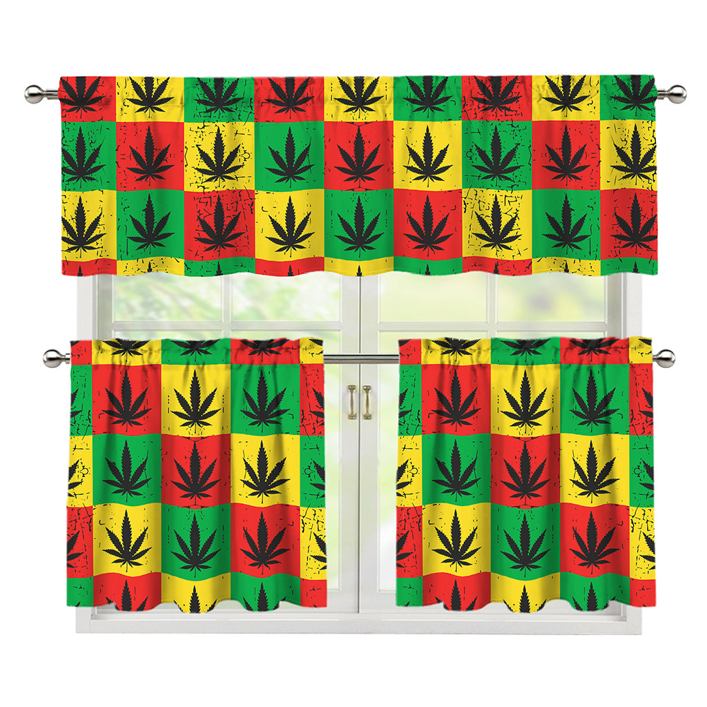 Reggae Marijuana Leaf Pattern Print 3 Piece Kitchen Curtains