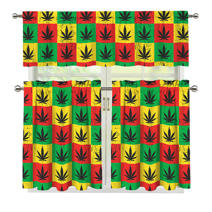 Reggae Marijuana Leaf Pattern Print 3 Piece Kitchen Curtains