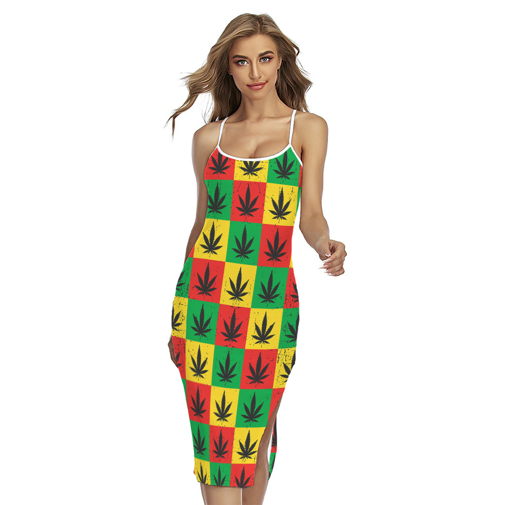 Reggae Marijuana Leaf Pattern Print Cross Back Cami Dress