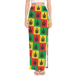 Reggae Marijuana Leaf Pattern Print High Slit Maxi Skirt