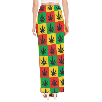 Reggae Marijuana Leaf Pattern Print High Slit Maxi Skirt
