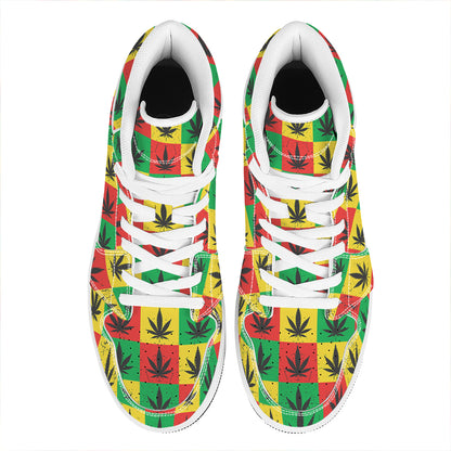 Reggae Marijuana Leaf Pattern Print High Top Leather Sneakers