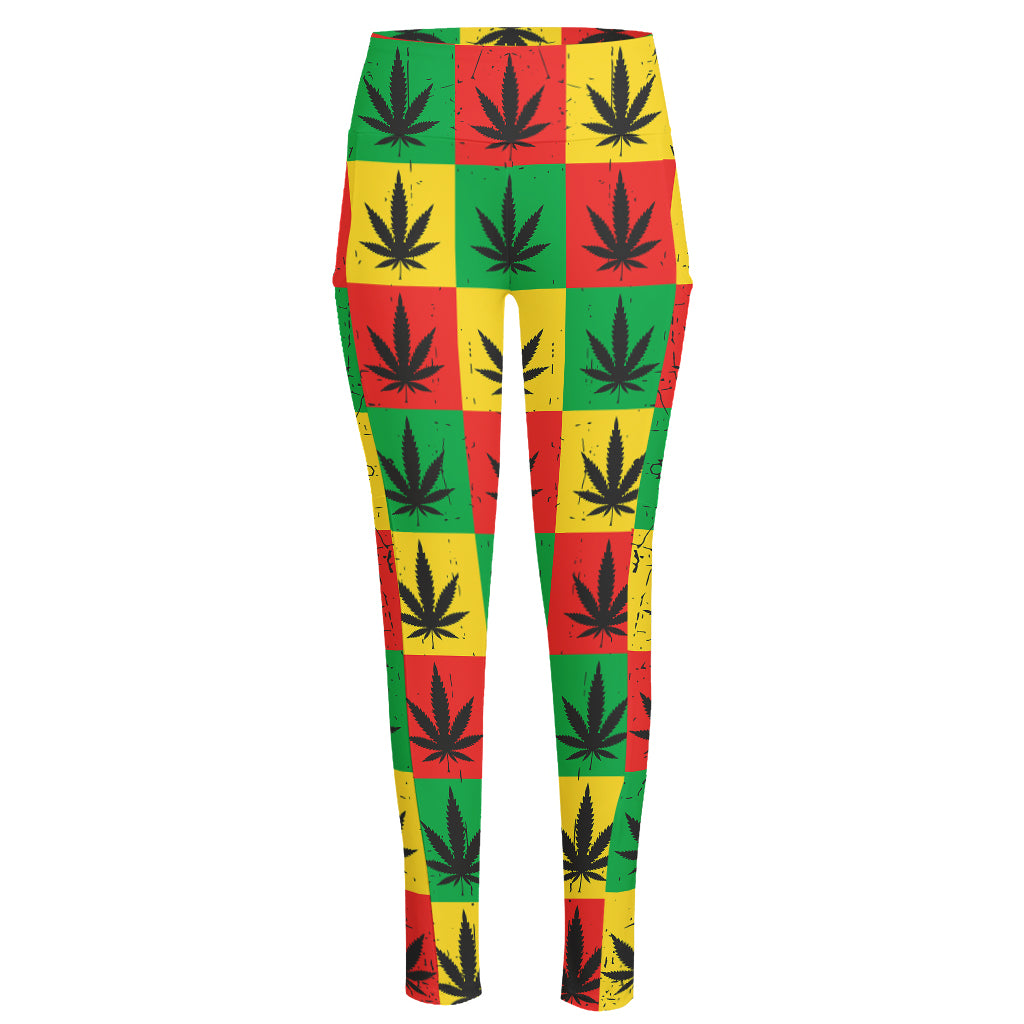 Reggae Marijuana Leaf Pattern Print High-Waisted Pocket Leggings