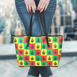 Reggae Marijuana Leaf Pattern Print Leather Tote Bag