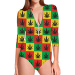 Reggae Marijuana Leaf Pattern Print Long Sleeve Swimsuit