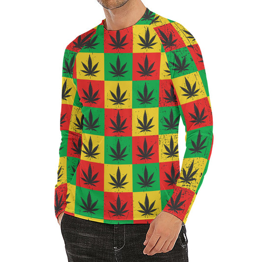 Reggae Marijuana Leaf Pattern Print Men's Long Sleeve Rash Guard