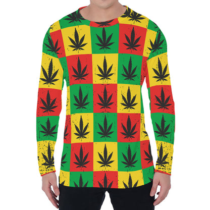 Reggae Marijuana Leaf Pattern Print Men's Long Sleeve T-Shirt
