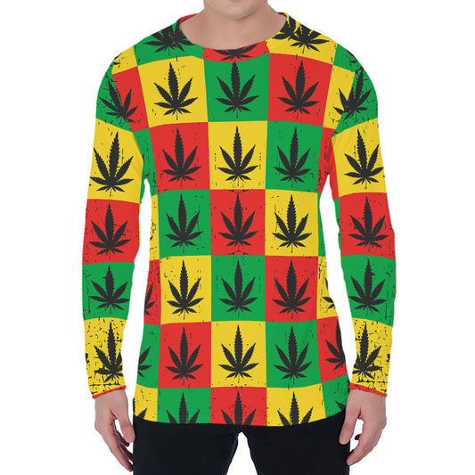 Reggae Marijuana Leaf Pattern Print Men's Long Sleeve T-Shirt