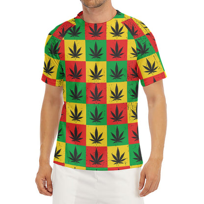Reggae Marijuana Leaf Pattern Print Men's Short Sleeve Rash Guard