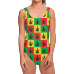 Reggae Marijuana Leaf Pattern Print One Piece Swimsuit
